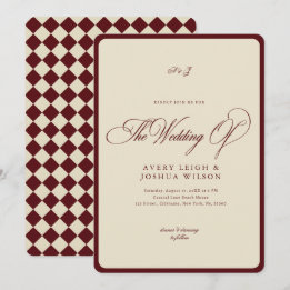 Invitación Ivory & Burgundy Checkered Border Retro Wedding