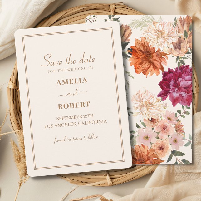 Invitación Ivory burgundy floral wedding save the date (Subido por el creador)
