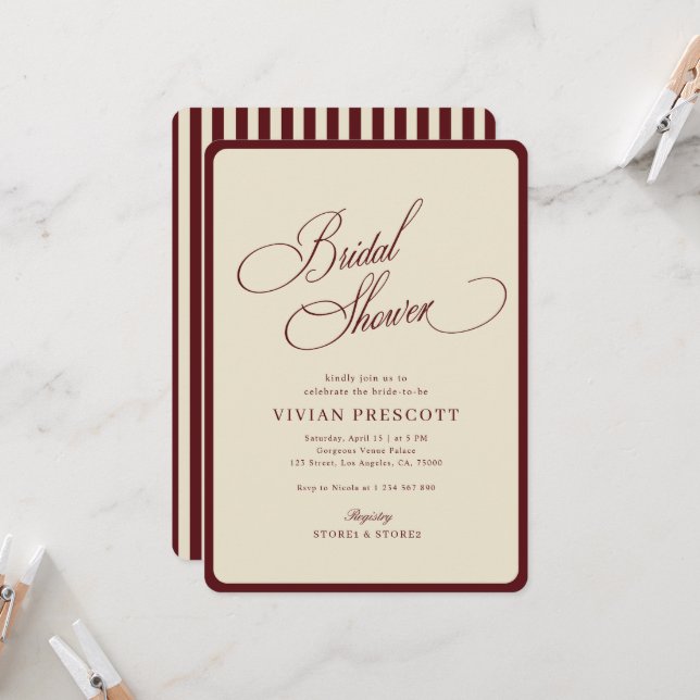 Invitación Ivory Burgundy Stripes Border Retro Bridal Shower (Anverso/Reverso In Situ)