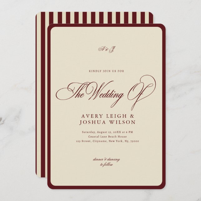 Invitación Ivory & Burgundy Stripes Border Retro Wedding (Anverso / Reverso)