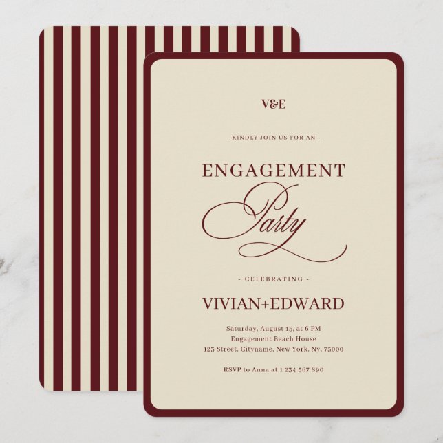 Invitación Ivory & Burgundy Stripes Retro Engagement Party (Anverso / Reverso)
