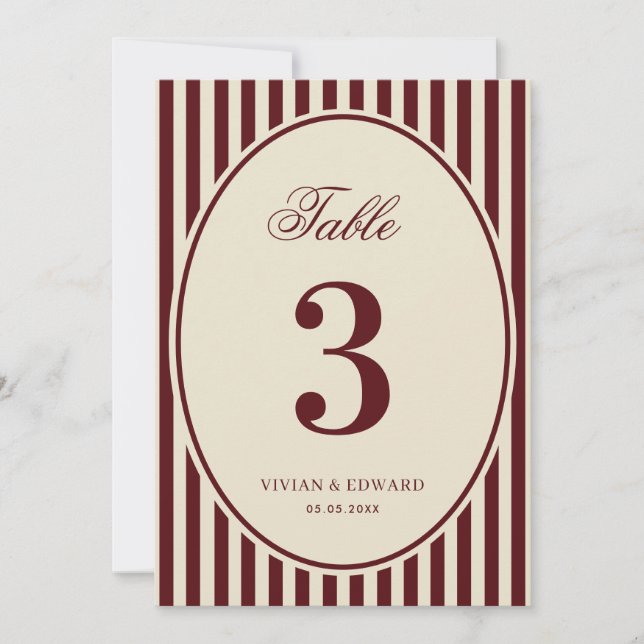 Invitación Ivory Burgundy Stripes Retro Wedding Table Number (Anverso)