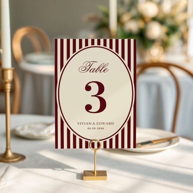 Invitación Ivory Burgundy Stripes Retro Wedding Table Number (Subido por el creador)