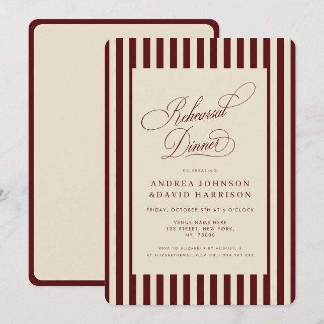 Invitación Ivory & Burgundy Stripes Vintage Rehearsal Dinner (Anverso / Reverso)