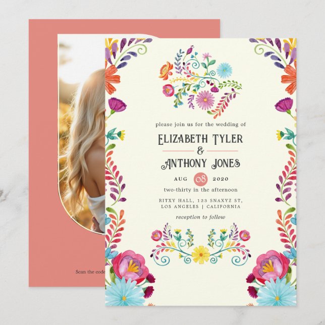 Invitación Ivory & Burnt Coral Floral Mexican Fiesta Wedding (Anverso / Reverso)