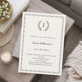Invitación Ivory charcoal monogrammed wreath birthday