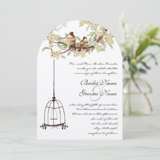 Invitación Ivory Cherry Blossom Lovebird Boda de la jaula