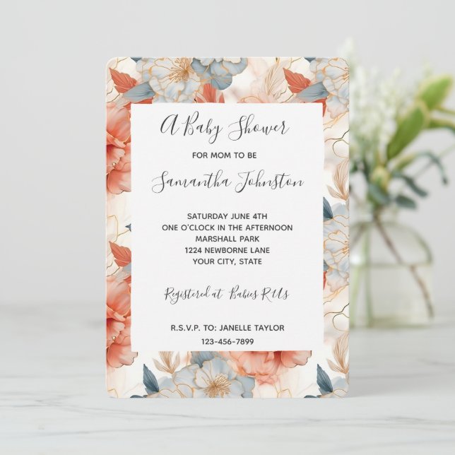 Invitación Ivory Coral Blue Floral Baby Shower (Anverso de pie)