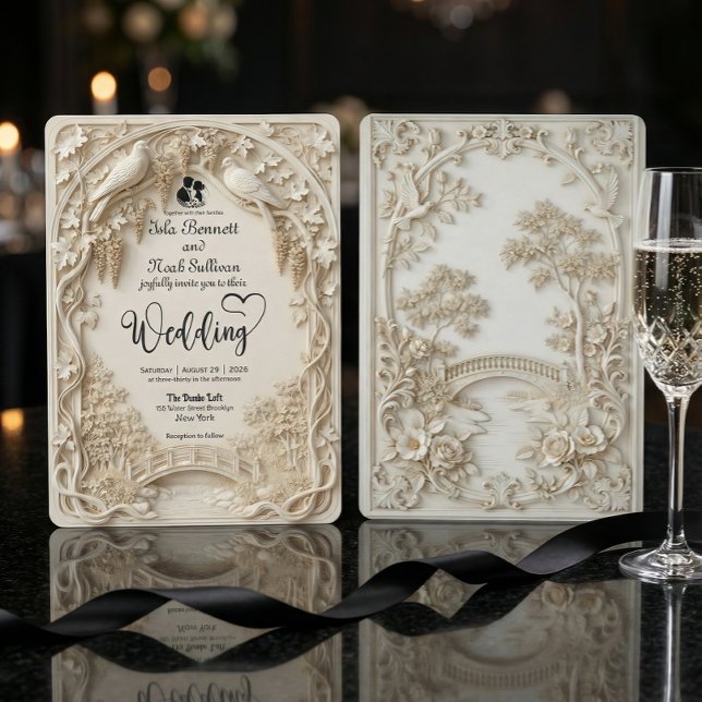 Invitación Ivory Cream Faux Bas-Relief Elegant Wedding (Subido por el creador)