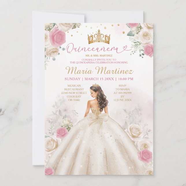 Invitación Ivory Creme Princess Dress Dusty Rose Quinceañera (Anverso)