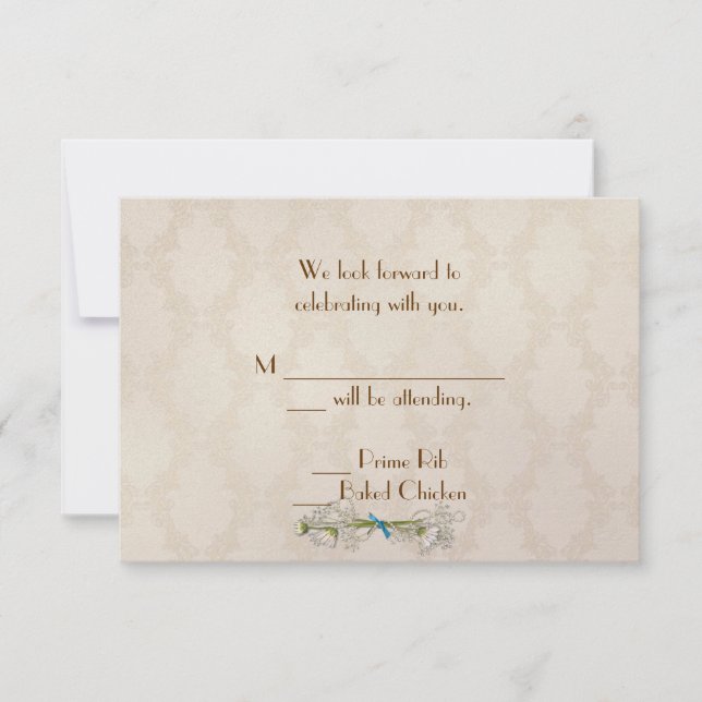 Invitación Ivory Damask y Daisies RSVP (Anverso)