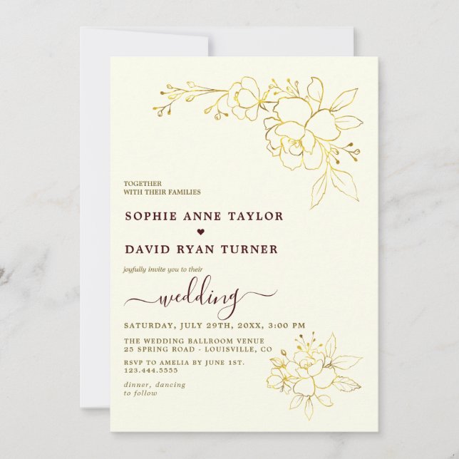 Invitación Ivory Deep Burgundy Stripes Gold Floral Wedding (Anverso)