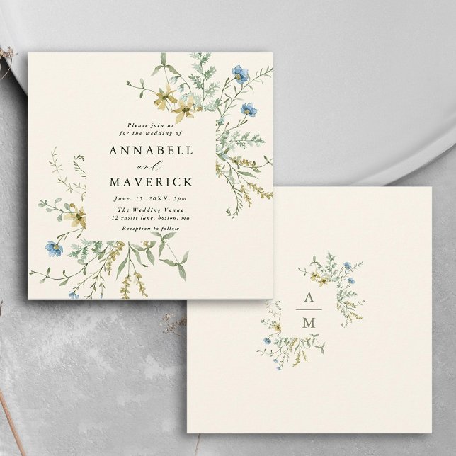 Invitación Ivory Delicate Wildflower Moderno Boda del Boho (Front & Back)