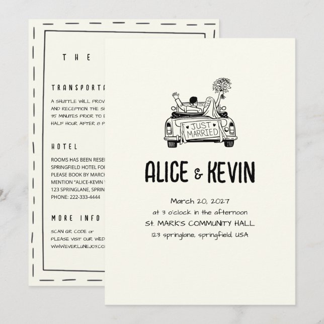 Invitación Ivory Drawn Illustration Minimalist QR Wedding (Anverso / Reverso)