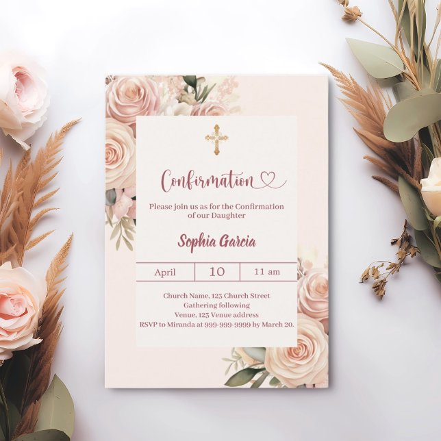 Invitación Ivory dusty rose florals Confirmation (Subido por el creador)