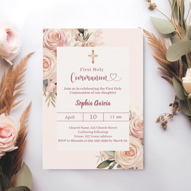 Invitación Ivory dusty rose florals First Communion (Subido por el creador)