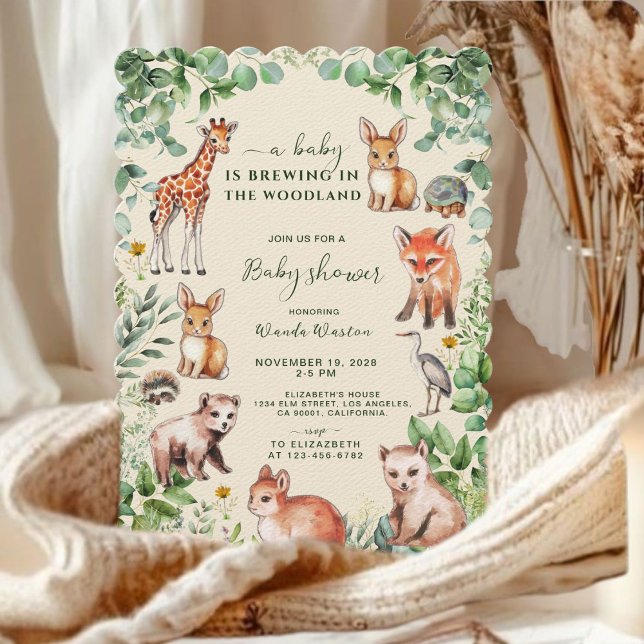 Invitación Ivory Eucalyptus Woodland Cute Animales Baby Showe (Subido por el creador)