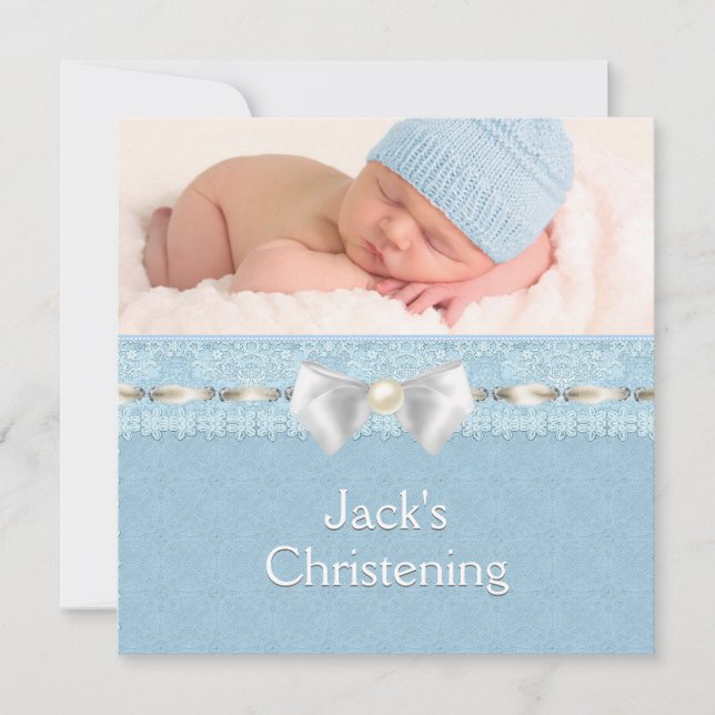 Invitación Ivory Eyelet Ribbon Boys Blue Photo Christening (Anverso)