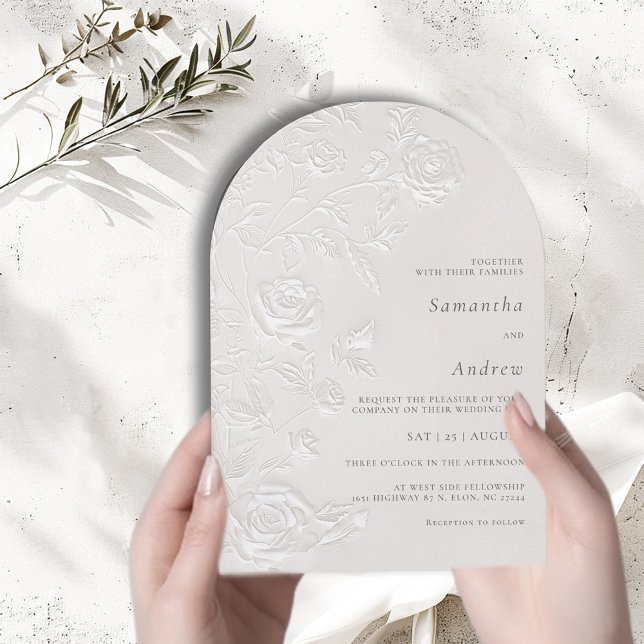 Invitación Ivory Faux Blind Embossed Rose Floral Arch Wedding (Subido por el creador)