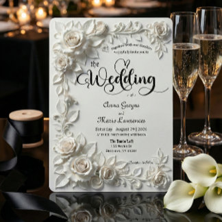 Invitación Ivory Faux Plaster Relief Roses Formal Wedding 