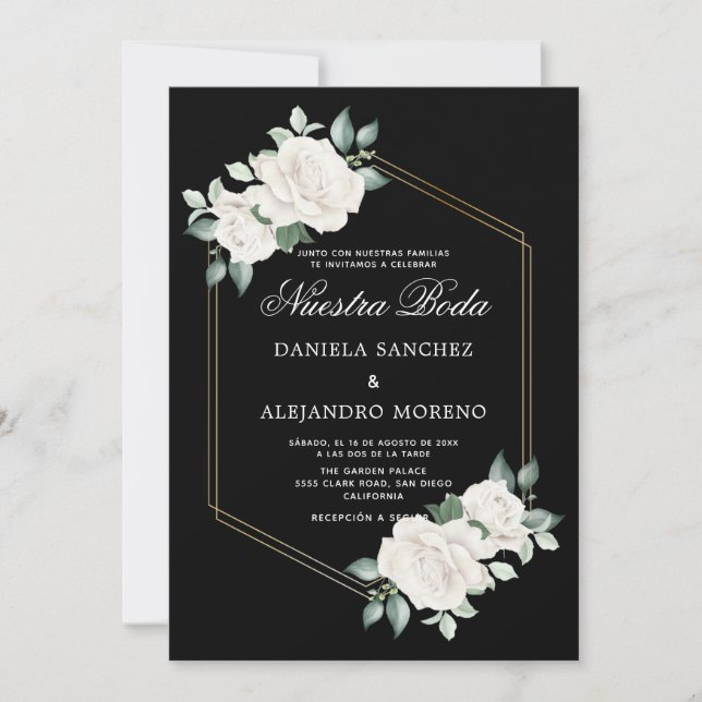 Invitación Ivory Floral Black Nuestra Boda Boda española (Anverso)