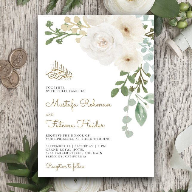 Invitación Ivory Floral Bouquet Boda musulmana islámica (Subido por el creador)