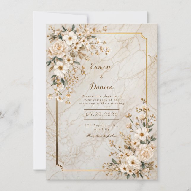 Invitación Ivory Floral Marble Gilded Frame Wedding (Anverso)