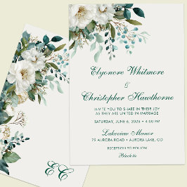 Invitación Ivory Forest Teal Script Floral Wedding