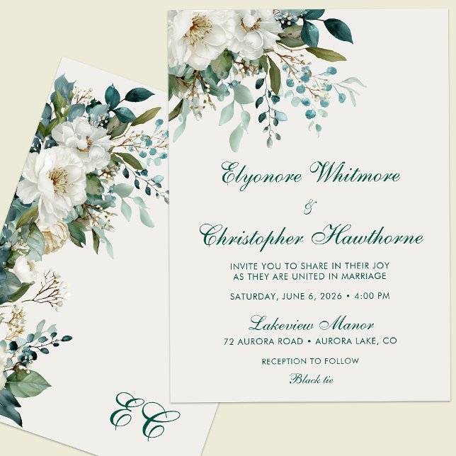 Invitación Ivory Forest Teal Script Floral Wedding (Subido por el creador)