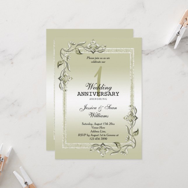 Invitación Ivory Gem & Glitter 1er Aniversario de Bodas (Anverso/Reverso In Situ)