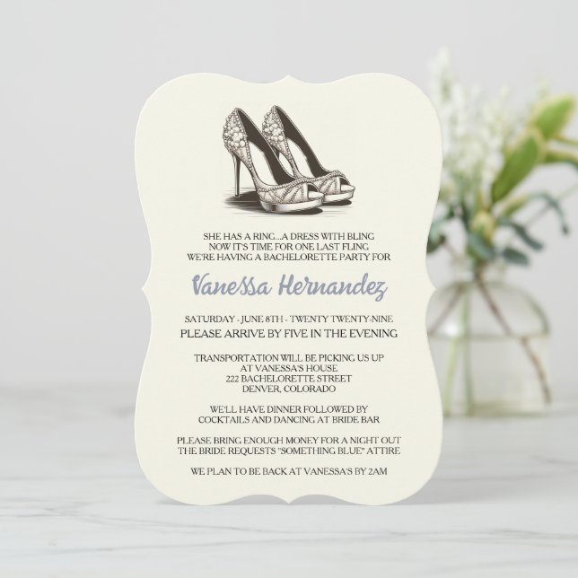 Invitación Ivory Glam Shoes Bachelorette Party (Anverso de pie)