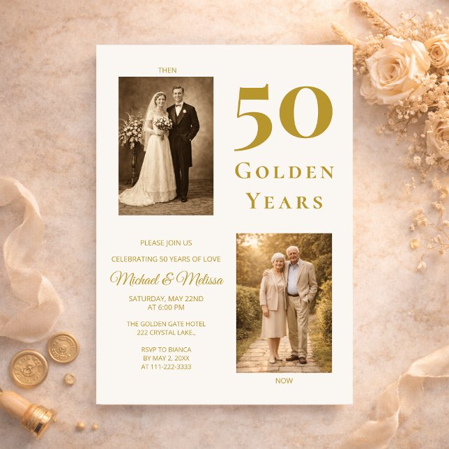 Invitación Ivory Gold 50th Anniversary Photo Then and Now  (Elegant ivory gold 50th anniversary invitation with romantic then and now design)