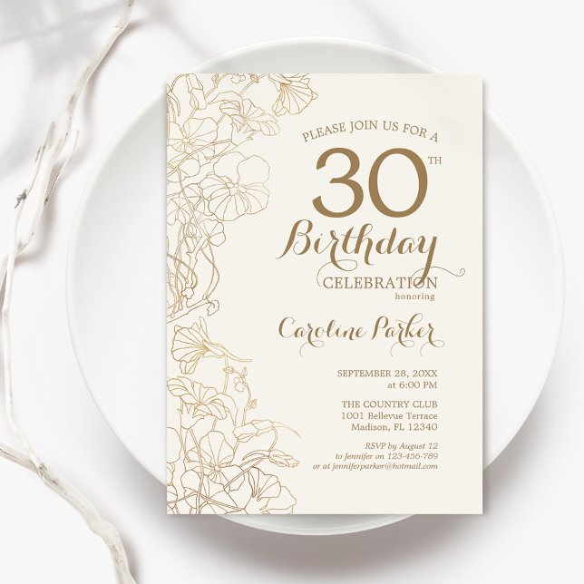 Invitación Ivory Gold Floral 30 Fiesta de cumpleaños (Subido por el creador)