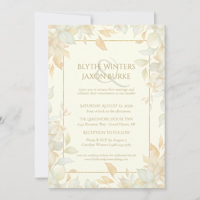 Invitación Ivory Gold Leafy Border Botanical Elegant Wedding  (Anverso)