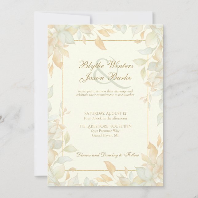 Invitación Ivory Gold Leafy Border Botanical Elegant Wedding (Anverso)