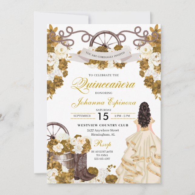 Invitación Ivory Gold Ranchero Occidental Cowgirl Quinceanera (Anverso)