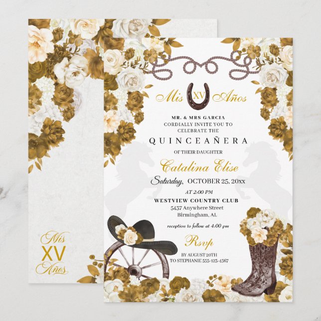 Invitación Ivory Gold Western Charro Boots Quinceanera (Anverso / Reverso)