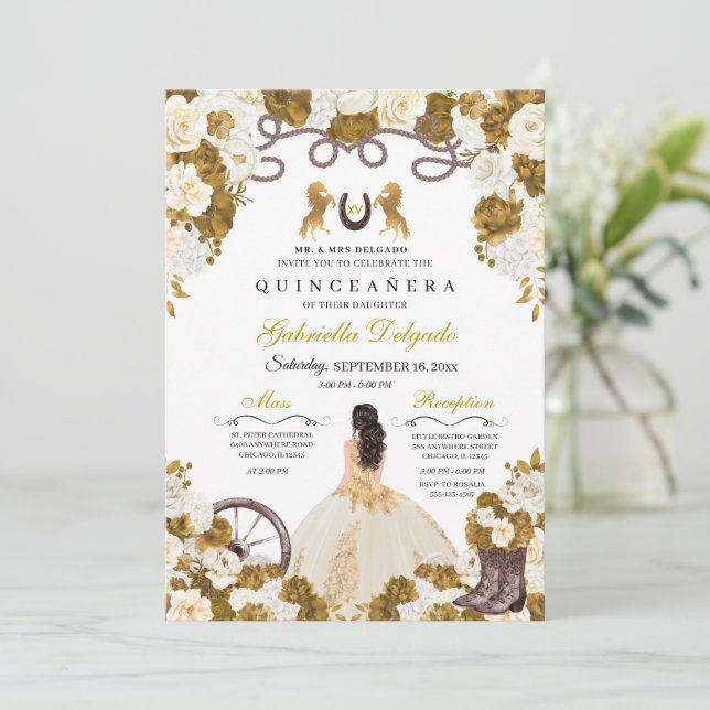 Invitación Ivory & Gold Western Charro Cowgirl Quinceanera (Anverso de pie)