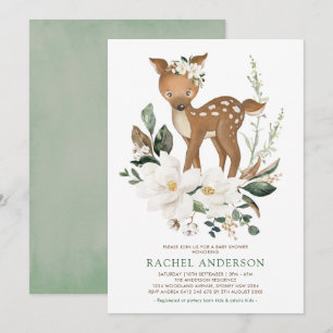 Invitación Ivory Green Magnolia Woodland Deer Baby Shower