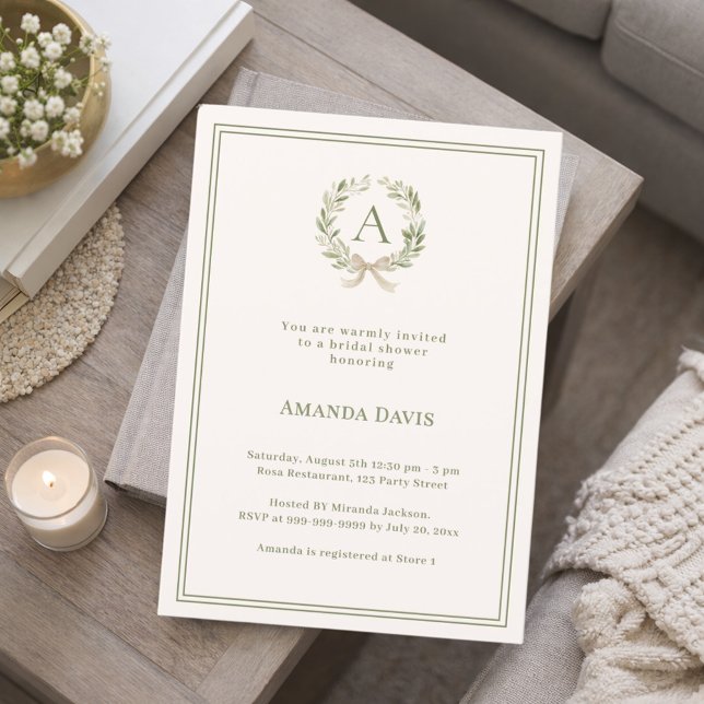 Invitación Ivory greenery wreath monogrammed Bridal Shower (Subido por el creador)