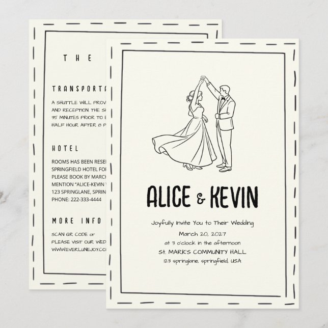 Invitación Ivory Illustration Doodle Minimalist QR Wedding  (Anverso / Reverso)