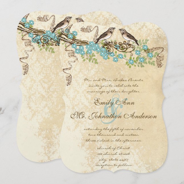 Invitación Ivory Lace Aqua Blue Blossom Love Bird Bodas (Anverso / Reverso)