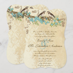Invitación Ivory Lace Aqua Blue Blossom Love Bird Bodas