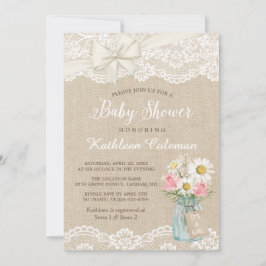 Invitación Ivory Lace Burlap Floral Mason Jar Baby Shower