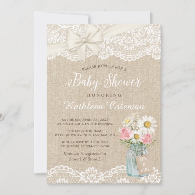 Invitación Ivory Lace Burlap Floral Mason Jar Baby Shower (Anverso)