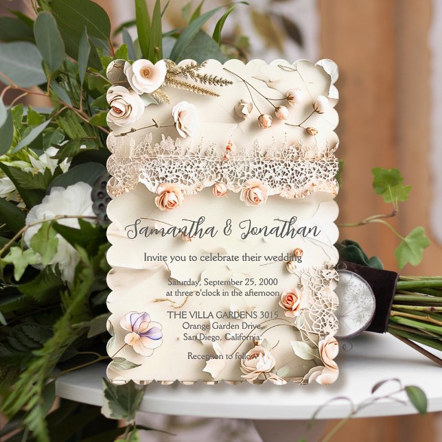 Invitación Ivory Lace Floral Photo Romantic Spring Wedding (Subido por el creador)