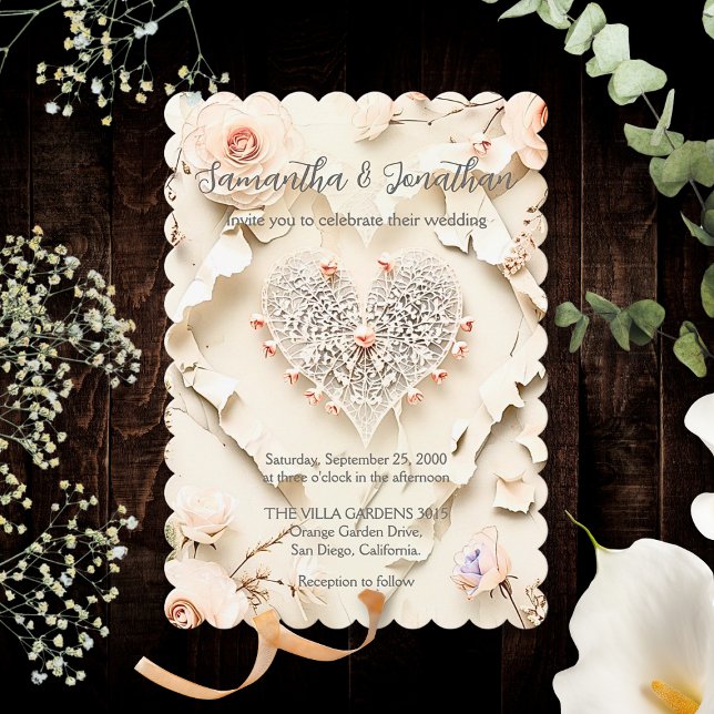 Invitación Ivory Lace Heart Floral Romantic Spring Wedding (Subido por el creador)