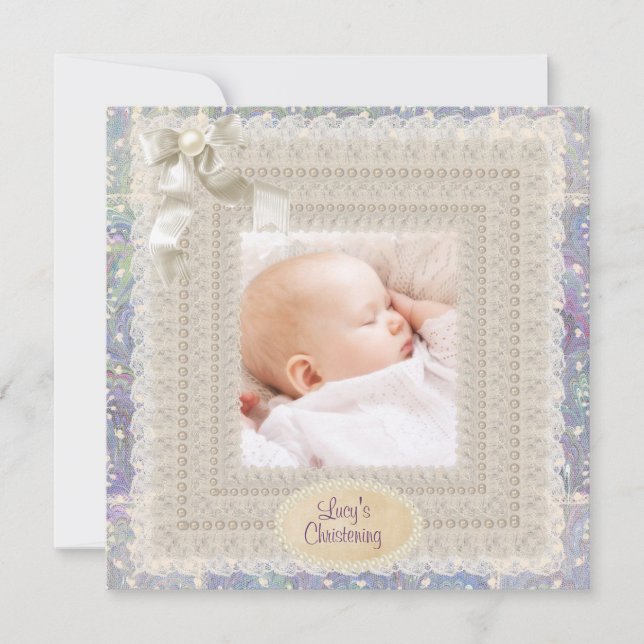 Invitación Ivory Lace Perlas Chicas Pink Purple Foto Christen (Anverso)