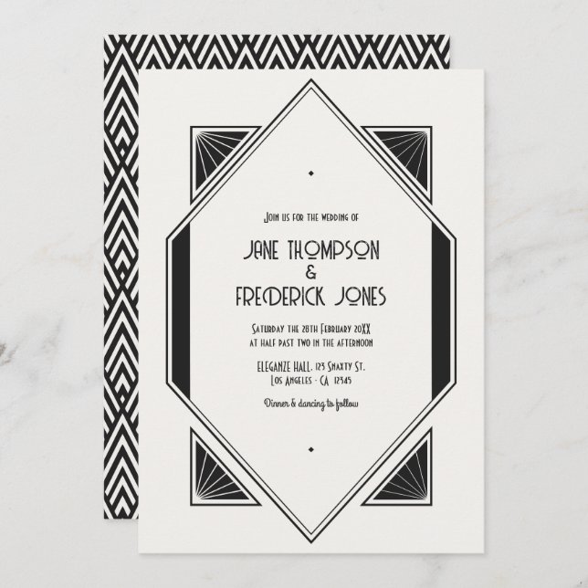 Invitación Ivory Linen & Jet Black Art Deco Wedding Photo (Anverso / Reverso)