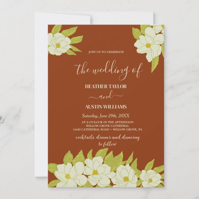 Invitación Ivory Magnolia Flower Rusty Boda (Anverso)